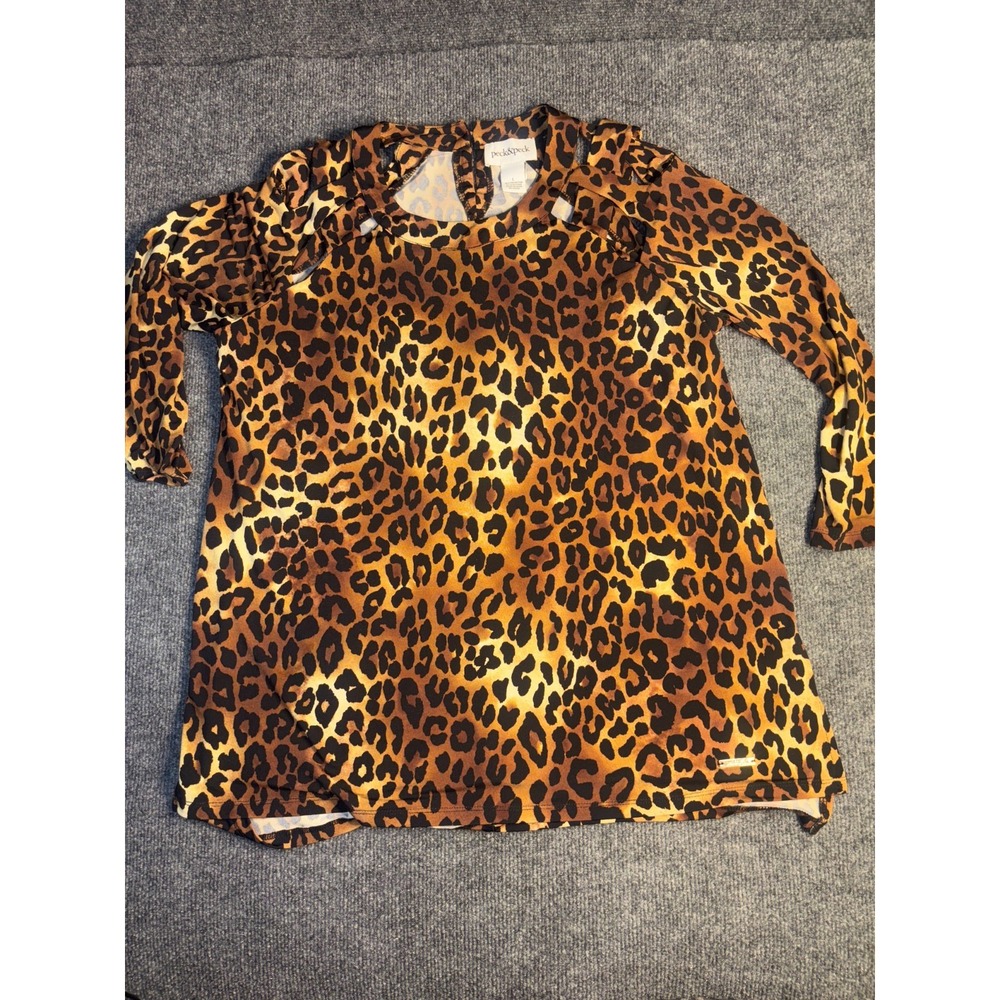 Peck & Peck Blouse Top Women's L Brown Black Leopard Print Cold Shoulder‎ Sleeve